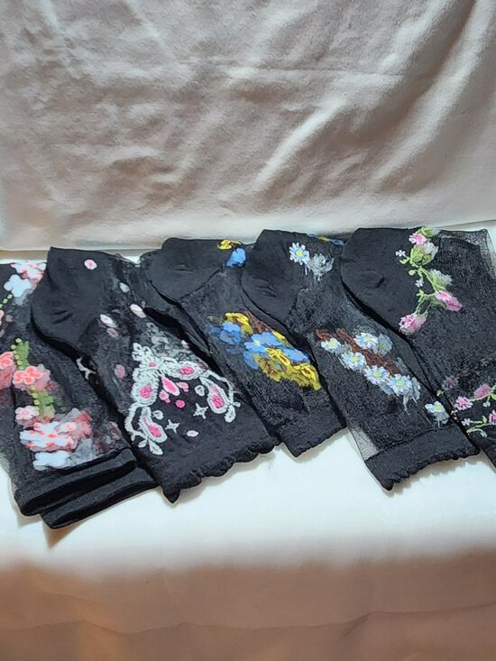 Source Unknown Accessories - Lot of five pair sheer socks black floral embroidered NEW